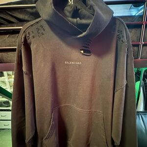 Balenciaga Distressed ‘Crystal Logo’ Black Cotton Fleece Pullover Hoodie Size S